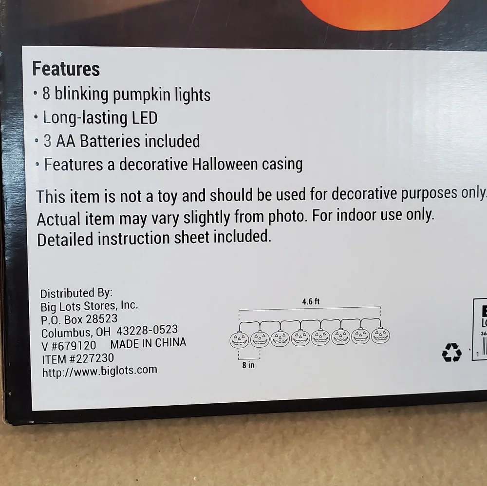 String of 8 halloween battery operated led orange blinking pumpkin lights